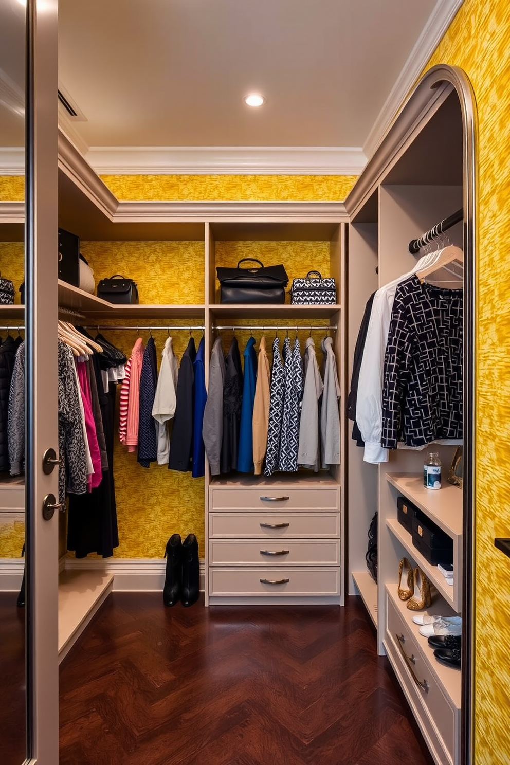 A luxurious walk-in closet features textured yellow wallpaper that adds depth and interest to the space. Elegant shelving and hanging racks are arranged to showcase an organized display of clothing and accessories.