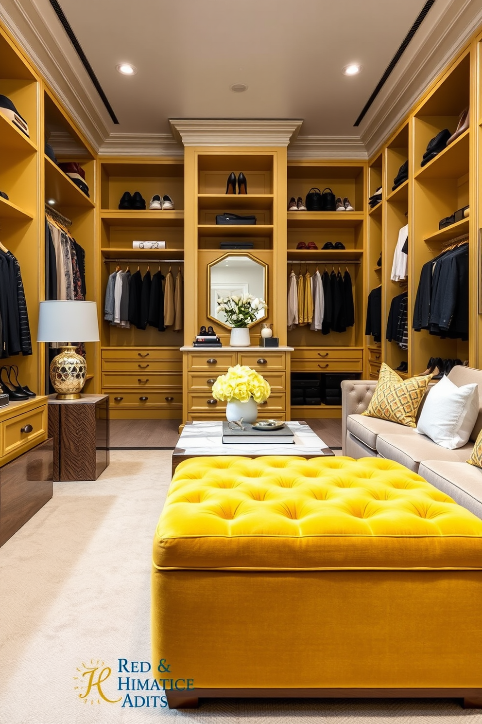 Chic yellow ottoman for stylish seating. The ottoman features a plush yellow fabric with gold accents, providing a pop of color in a modern living room. It is paired with a sleek coffee table and surrounded by a cozy sectional sofa, creating an inviting and stylish atmosphere. Yellow Walk-In-Closet Design Ideas. The closet boasts custom shelving and hanging space, all accented with soft yellow walls and elegant lighting. A central island with a marble top offers additional storage and a chic display area for accessories.