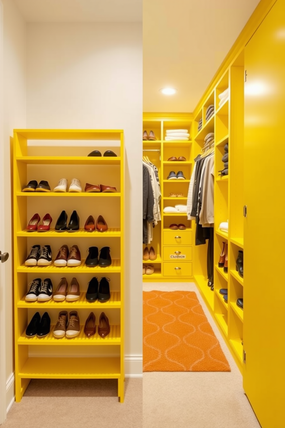 A bright and cheerful yellow shoe rack is designed with multiple shelves to neatly organize a variety of footwear. The rack features a modern aesthetic that complements the decor of the entryway while providing easy access to shoes. The yellow walk-in closet is spacious and thoughtfully laid out, with custom shelving and hanging options to maximize storage. Soft lighting illuminates the space, highlighting the vibrant color and creating an inviting atmosphere for choosing outfits.