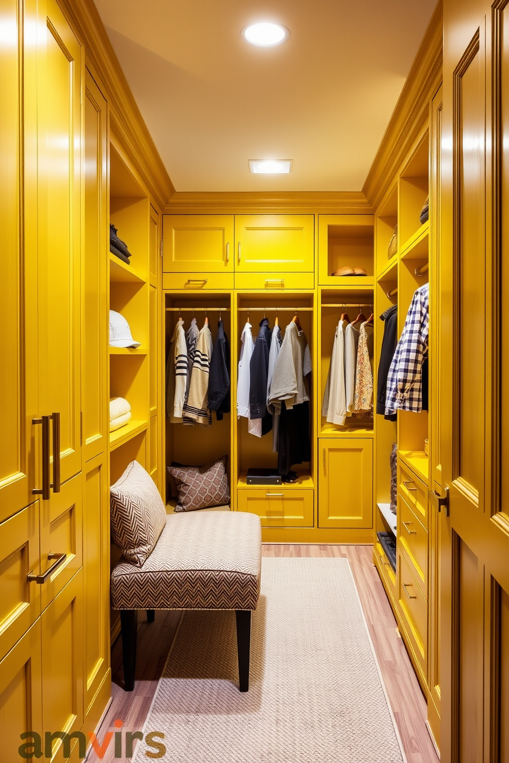 Custom yellow cabinetry for personalized style. The cabinetry features a sleek design with ample storage options and stylish hardware. Yellow walk-in-closet design ideas. The closet is spacious with built-in shelves, hanging rods, and a cozy seating area, all accented by warm lighting.