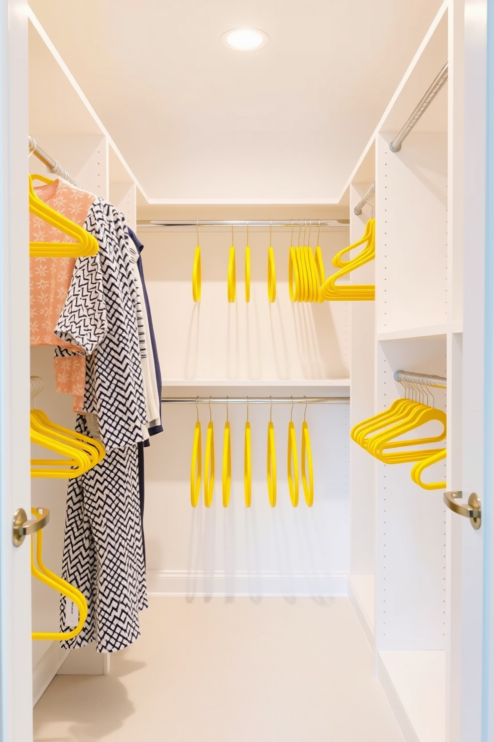 A bright yellow walk-in closet with uniformity in design. The walls are painted in a soft white, creating a fresh and airy atmosphere while the bright yellow hangers add a pop of color and organization.