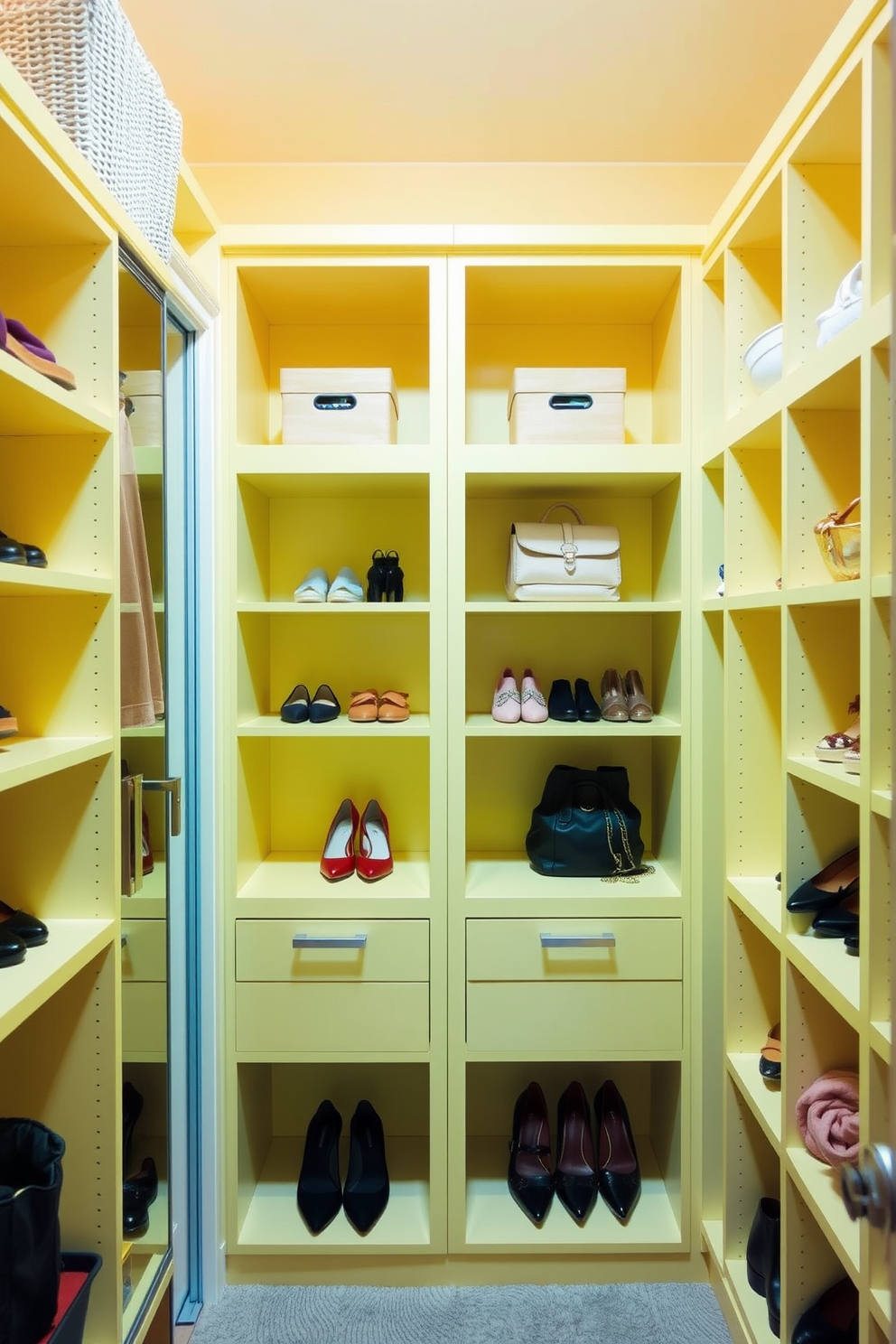 A warm and inviting walk-in closet featuring soft pastel yellow shelving that creates a cheerful atmosphere. The space is organized with a mix of open and closed storage options, showcasing neatly arranged shoes and accessories.