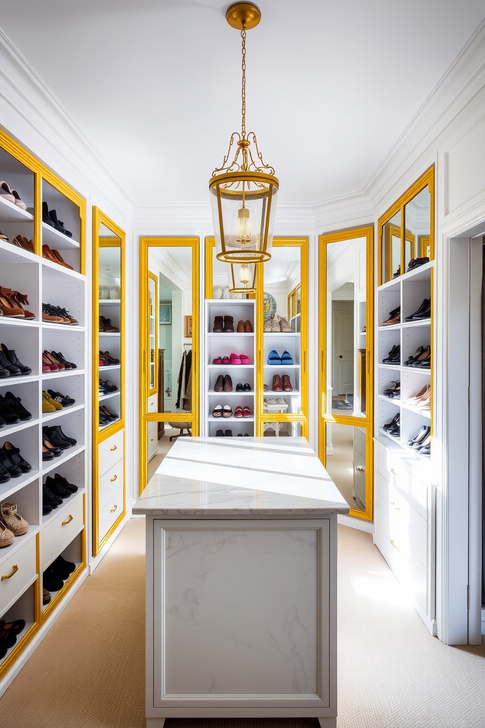 A bright and airy walk-in closet featuring yellow framed mirrors that reflect natural light throughout the space. The walls are painted in a soft white hue, and the shelves are organized with neatly arranged shoes and accessories. The closet includes a central island with a marble top for additional storage and display. Elegant pendant lighting hangs from the ceiling, creating a warm and inviting atmosphere.