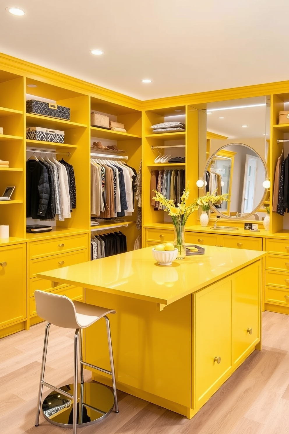 Functional yellow island for added workspace. The island features a sleek design with ample storage underneath and bar stools for casual seating. Yellow walk-in-closet design ideas. The closet includes custom shelving, hanging space, and a large mirror, all accented by soft lighting to enhance the vibrant yellow color.