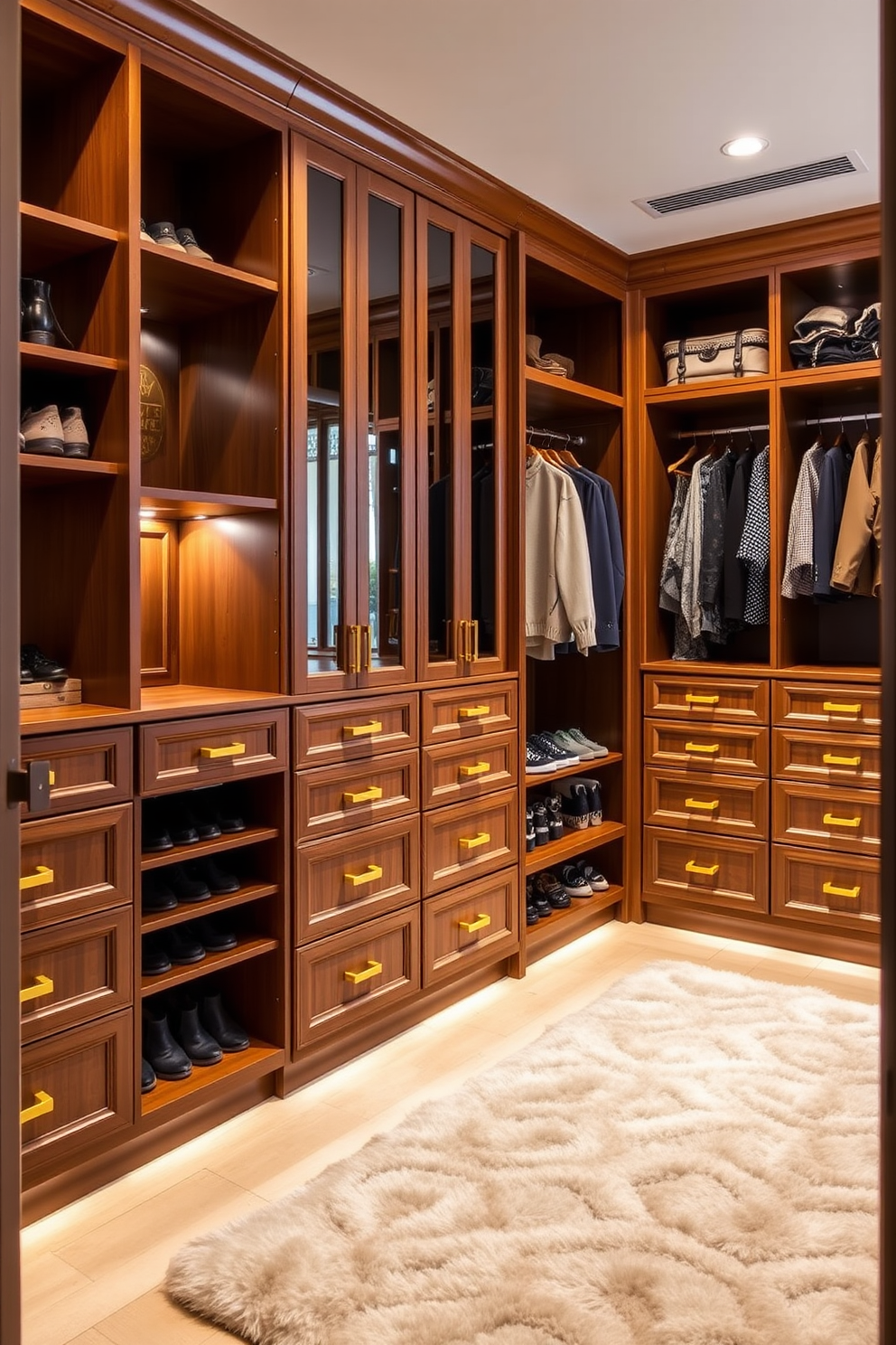 A luxurious walk-in closet featuring custom cabinetry with ample storage space. The design incorporates yellow drawer pulls for a subtle pop of color against the warm wood finish. Soft lighting illuminates the space, highlighting elegant shoe racks and hanging areas for clothing. A plush area rug adds comfort underfoot, creating an inviting atmosphere for dressing.