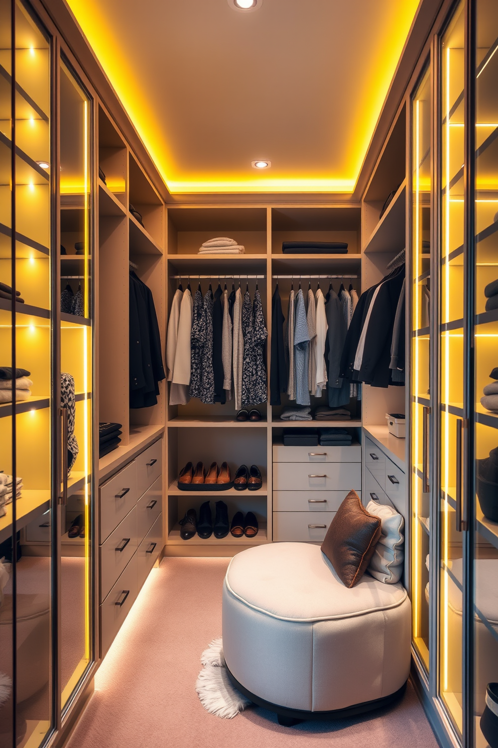 Layered yellow lighting creates a warm and inviting atmosphere in the walk-in closet. The space features built-in shelving and hanging rods, with soft yellow accent lights illuminating the clothing and accessories. The closet includes a plush seating area with a small ottoman, perfect for trying on shoes. Mirrored panels reflect the light and enhance the feeling of spaciousness, while stylish storage solutions keep everything organized.