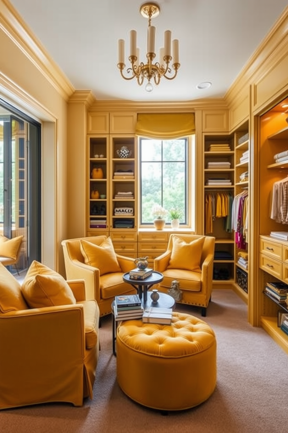 A cozy reading nook featuring yellow accent chairs with plush cushions. The nook is bathed in natural light from a large window, with a small side table holding a stack of books and a steaming cup of tea. A luxurious walk-in closet designed with yellow accents throughout. The space includes custom shelving, a plush ottoman, and elegant lighting that highlights the organized storage and vibrant color scheme.