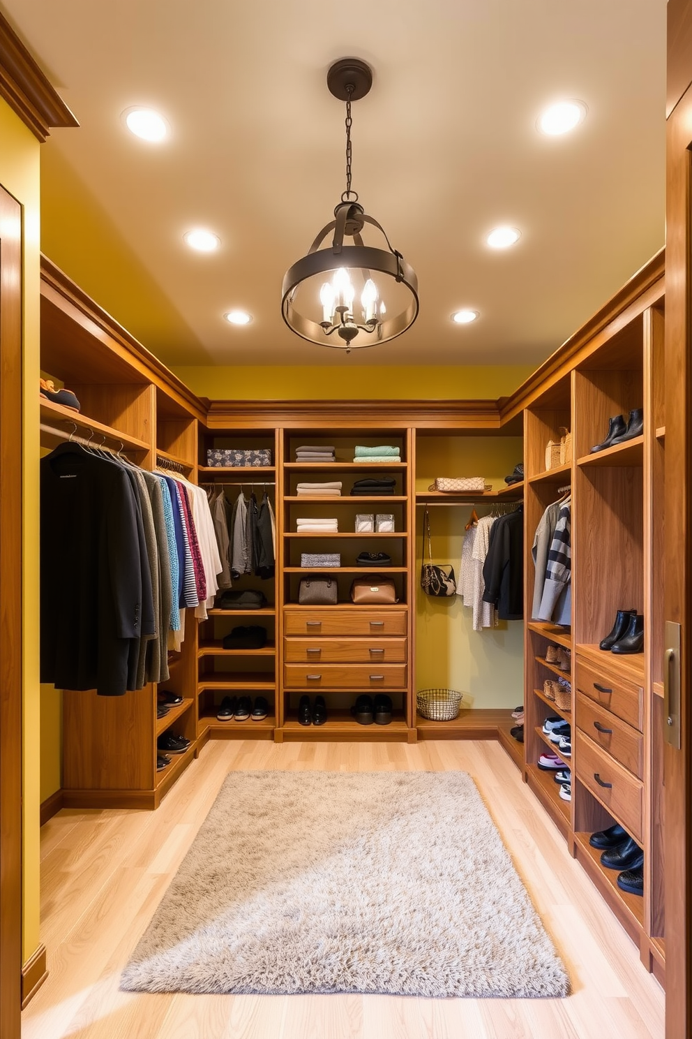 A spacious walk-in closet designed with a warm yellow color palette and natural wood accents. The walls are painted in a soft buttery yellow, complemented by rich wooden shelving and hanging rods that create an inviting atmosphere. Ample lighting is provided by recessed ceiling lights and a stylish chandelier, enhancing the cozy feel of the space. A plush area rug in a neutral tone adds comfort underfoot, while organized sections for shoes, bags, and accessories keep the closet tidy and functional.