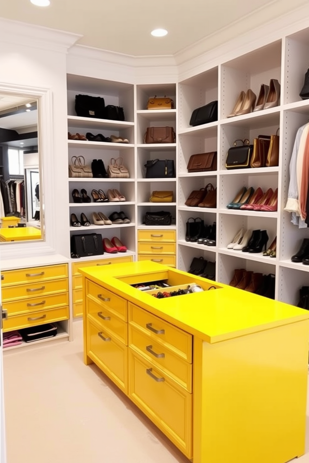 Bright yellow closet island for organization. The island features multiple drawers and compartments, providing ample storage for accessories and clothing. The walls of the walk-in closet are painted in a soft white, enhancing the bright yellow accents. Shelving units are neatly arranged, displaying shoes and handbags in an organized manner.