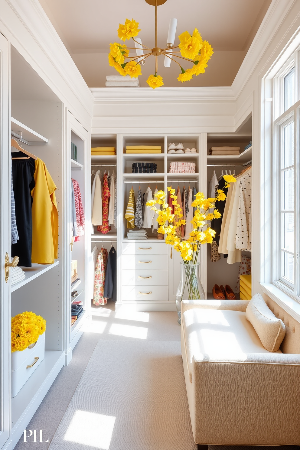 A bright and airy walk-in closet featuring yellow floral arrangements that bring a fresh and vibrant feel to the space. The closet is designed with ample shelving, hanging rods, and a plush seating area, all accented by soft yellow tones and natural light streaming through a nearby window.