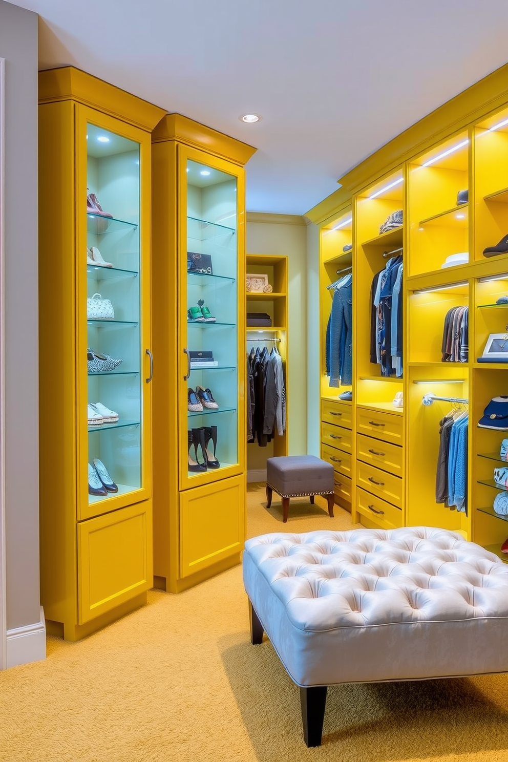 A set of vibrant yellow display cases stands elegantly against a neutral wall, designed to showcase a curated selection of accessories. The cases feature glass doors that allow for a clear view of the stylish items within, illuminated by soft LED lighting. The yellow walk-in closet boasts ample space with custom shelving and hanging areas, creating an organized yet luxurious feel. Plush carpeting in a complementary shade enhances the comfort, while a chic ottoman provides a perfect spot for putting on shoes.