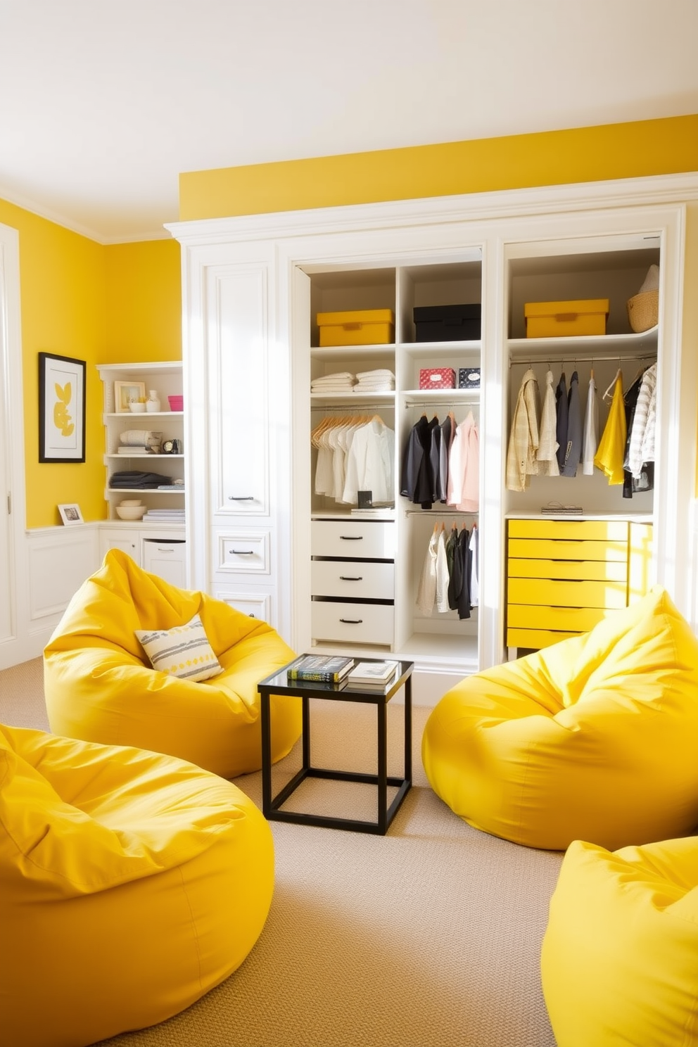 Cheerful yellow bean bags for relaxed seating. The room is filled with natural light, and the vibrant yellow bean bags are arranged in a cozy corner, inviting relaxation and conversation. Yellow walk-in-closet design ideas. The spacious closet features built-in shelving and hanging space, with soft yellow accents that create a bright and cheerful atmosphere, making it a delightful space to organize and display clothing.