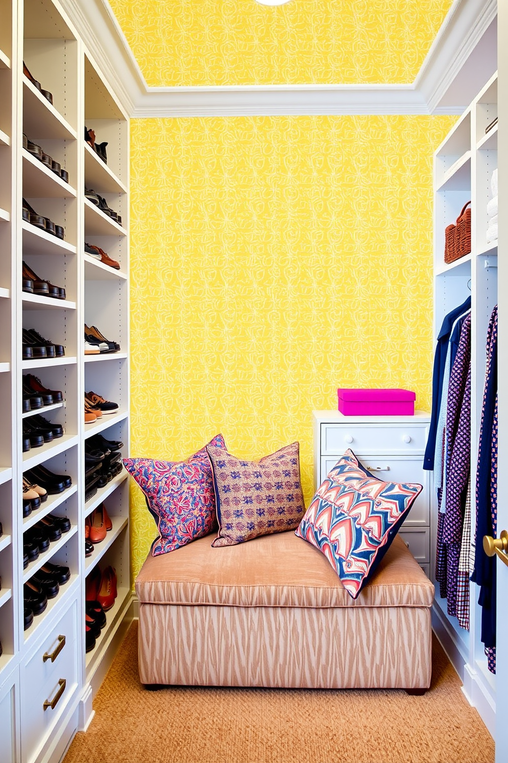 A cheerful walk-in closet featuring yellow patterned wallpaper that adds a playful touch. The space includes custom shelving for shoes and accessories, complemented by a plush seating area adorned with vibrant cushions.