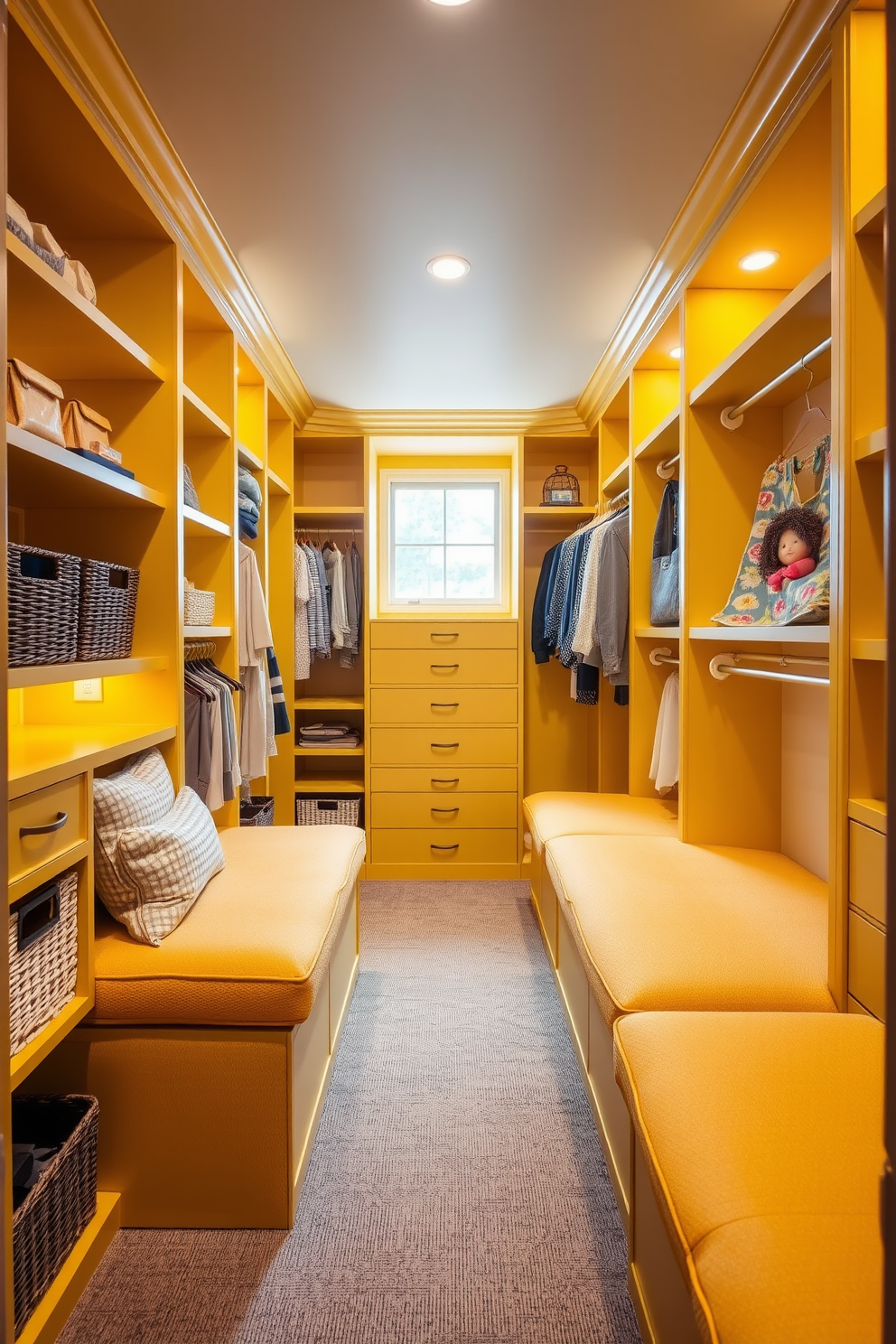 A bright and inviting walk-in closet featuring yellow built-in benches that provide added functionality and comfort. The benches are upholstered in soft fabric and positioned against the walls, creating a cozy seating area for dressing and organizing. The closet is designed with ample shelving and hanging space, all accented by warm lighting that highlights the cheerful yellow tones. Stylish storage solutions, such as baskets and bins, complement the overall design while keeping the space tidy and organized.