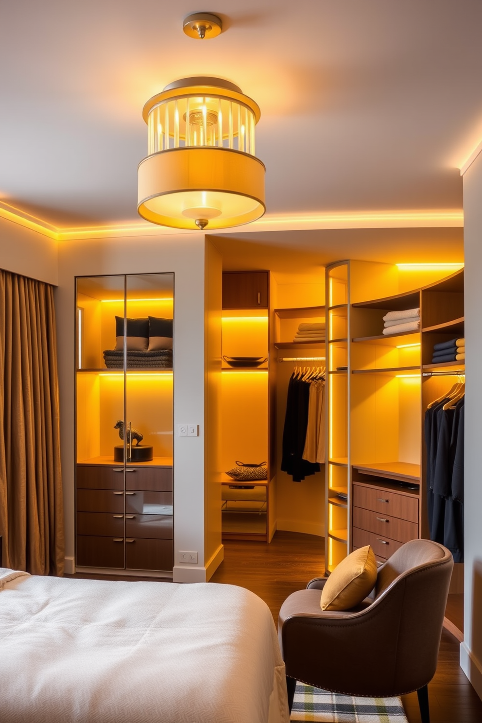 Elegant yellow lighting fixtures create a warm and inviting atmosphere throughout the space. The soft glow enhances the rich textures and colors of the room, making it feel both cozy and luxurious. The walk-in closet features custom shelving and hanging space designed in a sleek modern style. Accented with elegant yellow lighting, the closet showcases a blend of functionality and sophistication, making organization a stylish affair.