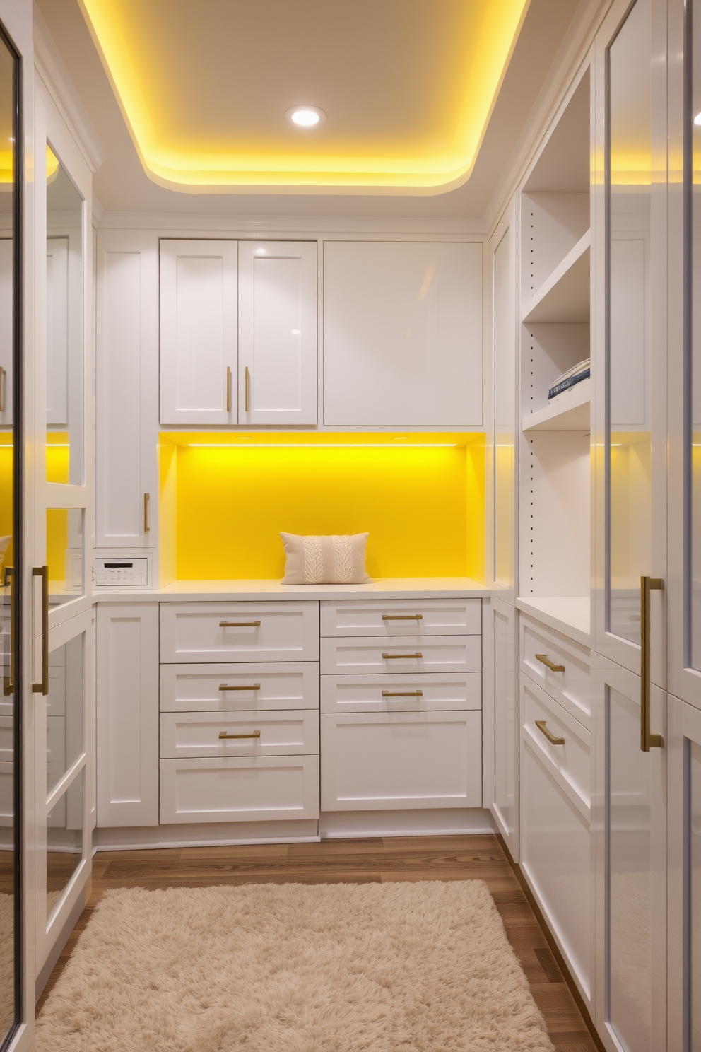 A spacious walk-in closet featuring contrasting white cabinetry with bright yellow accents. The cabinetry includes sleek drawers and open shelving, creating an inviting and organized space. Soft yellow lighting illuminates the area, highlighting the elegant design elements. A plush area rug in a neutral tone adds warmth and comfort to the stylish environment.