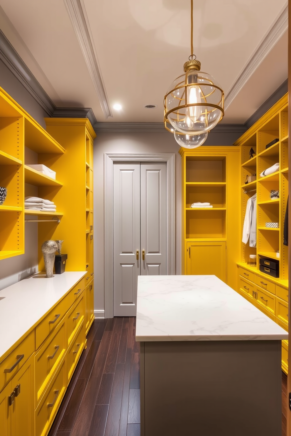 A sophisticated walk-in closet featuring a yellow and gray color scheme. The walls are painted a soft gray, while the shelving and cabinetry are a vibrant yellow, creating a bright and inviting atmosphere. The closet is equipped with a central island topped with a white marble surface, providing ample space for accessories. Elegant lighting fixtures hang from the ceiling, illuminating the space and highlighting the stylish details of the design.