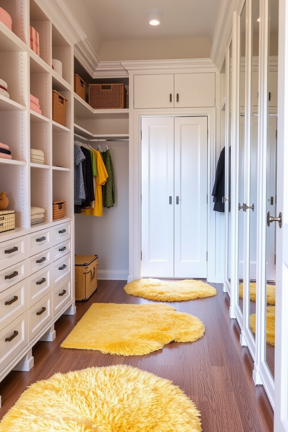 A bright and inviting walk-in closet featuring sunshine yellow rugs that add a touch of cozy comfort. The walls are adorned with soft white shelving and hanging space, creating an organized and stylish environment.