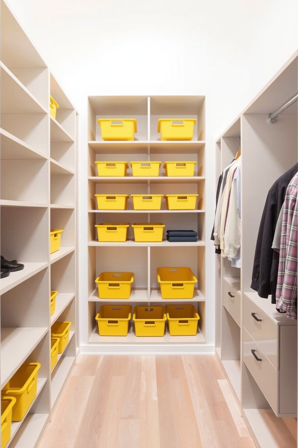 A modern walk-in closet featuring open shelving adorned with bright yellow storage bins. The walls are painted in a soft white hue, and the flooring is a light wood that enhances the spacious feel.