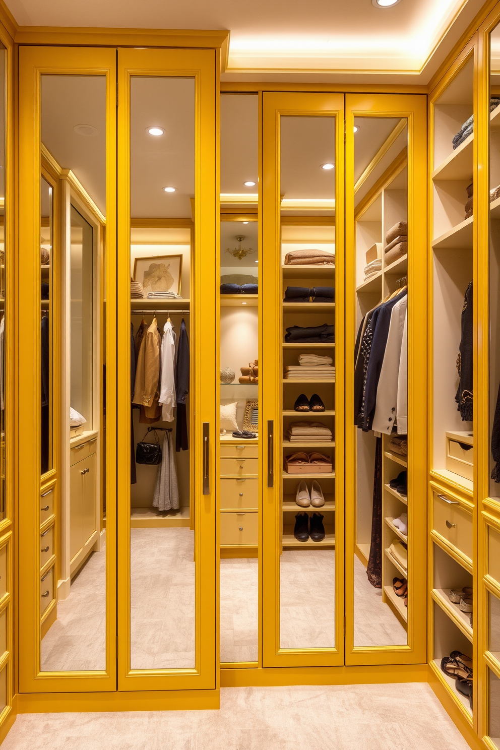 A stylish walk-in closet featuring yellow mirrored wardrobe doors that enhance the sense of spaciousness. The design includes ample shelving and elegant lighting to create a bright and inviting atmosphere. The closet layout maximizes storage while maintaining an open feel, with organized sections for shoes, accessories, and clothing. Soft textures and complementary colors are used to create a cohesive and luxurious design.