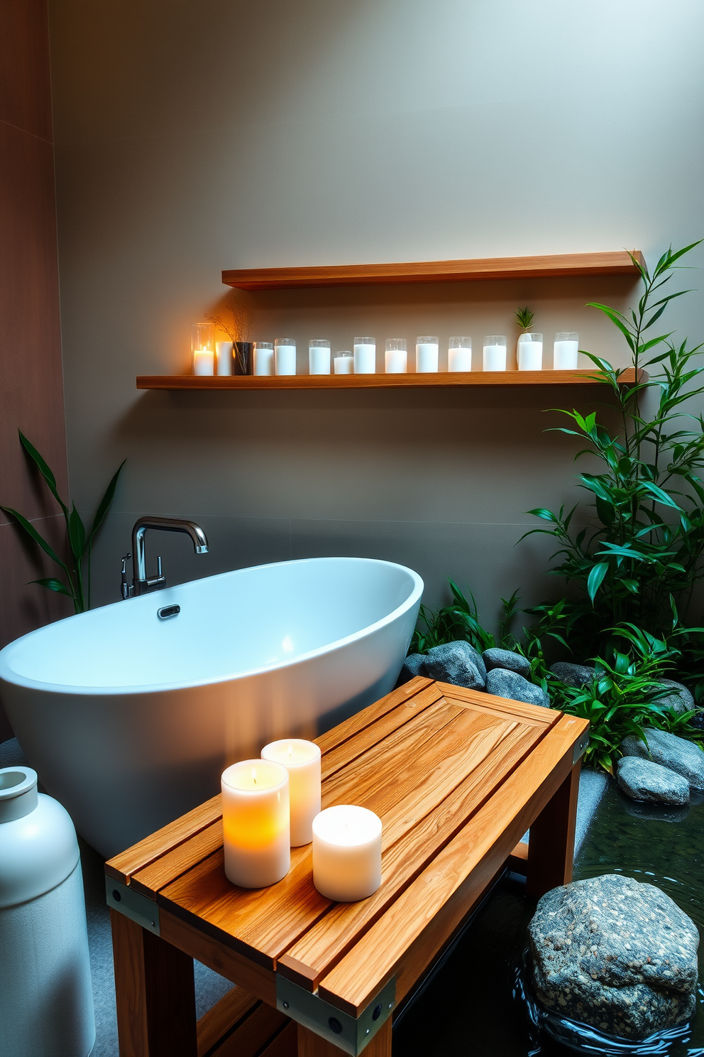 A serene bathroom retreat featuring an array of scented candles arranged neatly on a wooden shelf. Soft, ambient lighting enhances the calming atmosphere, while natural elements like bamboo and smooth stones create a Zen-inspired space. The walls are adorned with calming earth tones, complemented by a freestanding soaking tub surrounded by lush greenery. A minimalist wooden bench offers a perfect spot for relaxation, while a gentle water feature adds soothing sounds to the environment.