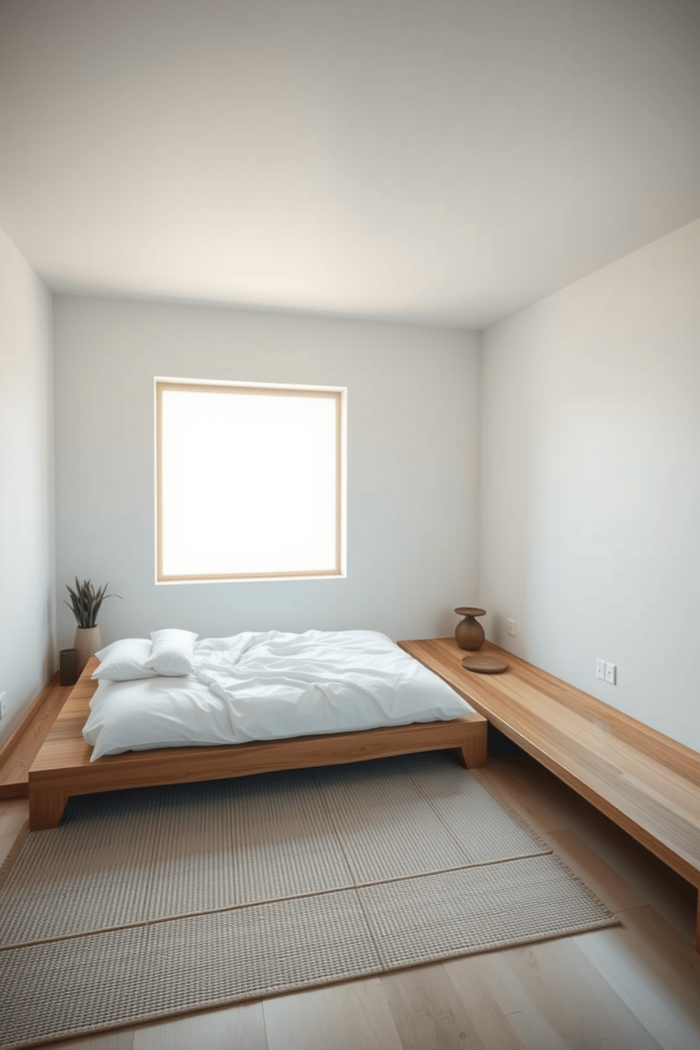 A serene Zen bedroom featuring minimalist furniture that emphasizes simplicity and tranquility. The space includes a low wooden platform bed with crisp white linens, complemented by a natural fiber rug beneath. Soft ambient lighting creates a calming atmosphere, with a large window allowing natural light to flood the room. A few carefully chosen decorative elements, such as a small indoor plant and a simple wooden bedside table, enhance the peaceful vibe without cluttering the space.