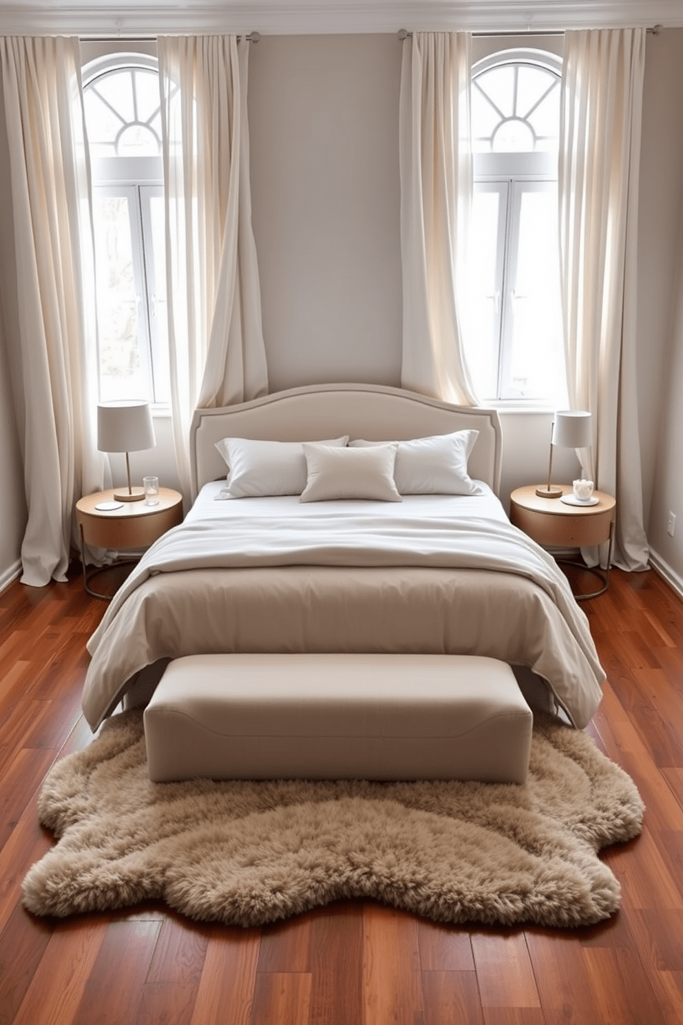 A serene bedroom featuring curved shapes in decor items. The bed has a rounded headboard upholstered in soft fabric, complemented by circular nightstands on either side. Soft, flowing curtains frame the windows, allowing natural light to fill the space. A plush area rug with gentle curves adds warmth and comfort to the hardwood floor.