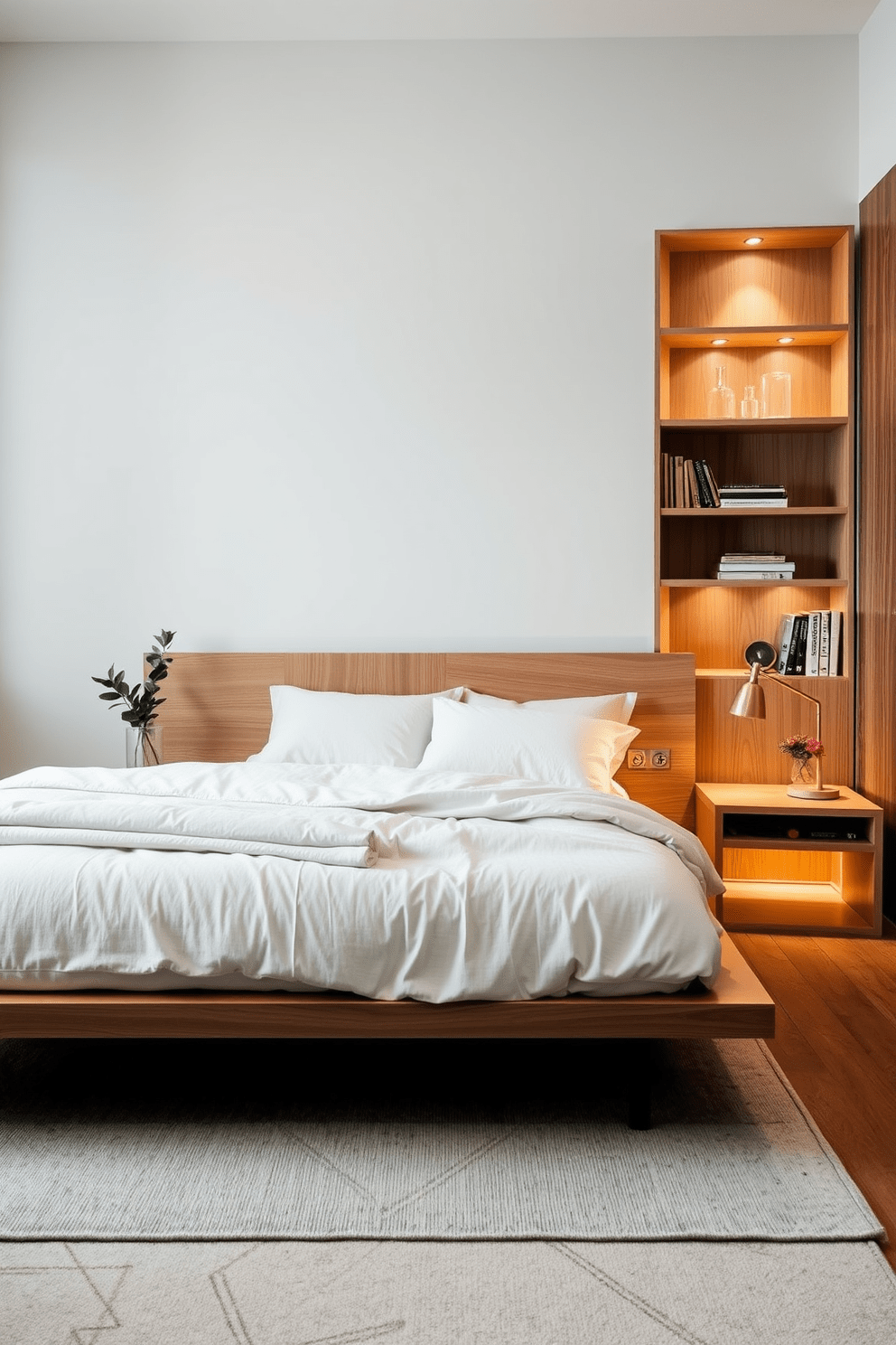 A serene bedroom setting designed for tranquility. The room features a low-profile platform bed with soft, neutral bedding and a natural wood headboard. To the side, a minimalist nightstand holds a small plant and a soft lamp. Built-in shelves provide smart storage for books and personal items, keeping the space uncluttered.