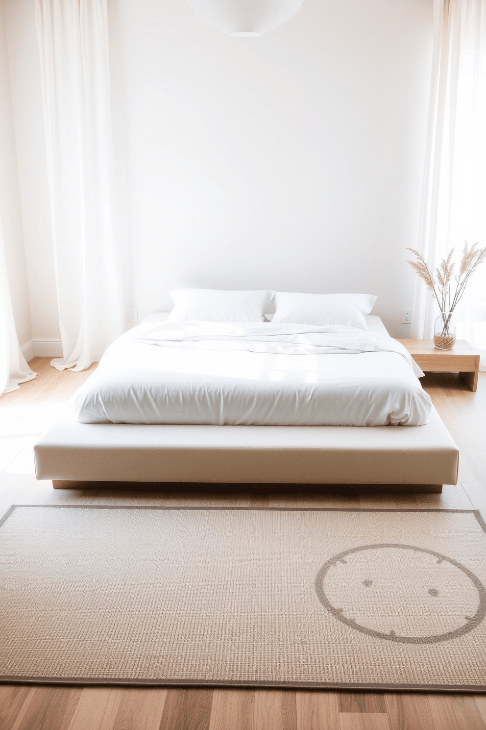 A tranquil bedroom setting that embodies Zen principles. The room features a simple area rug in soft neutral tones, providing warmth and comfort underfoot. A low platform bed with clean lines is adorned with crisp white linens and a few decorative pillows. Natural light filters through sheer curtains, illuminating the space and enhancing the serene atmosphere.