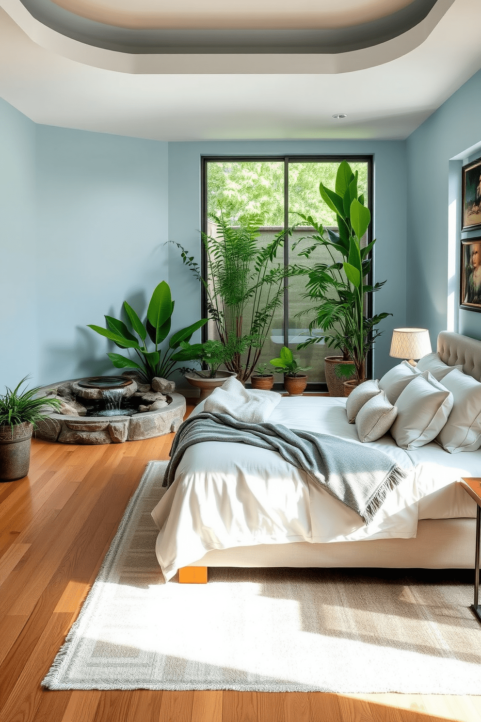 A serene bedroom oasis designed for relaxation. The focal point is a plush king-sized bed adorned with soft linens and a cozy throw, positioned near a large window that invites natural light. To enhance tranquility, a gentle water feature flows in the corner, surrounded by lush greenery. The walls are painted in a calming soft blue, and the floor is covered with a warm, natural wood finish.