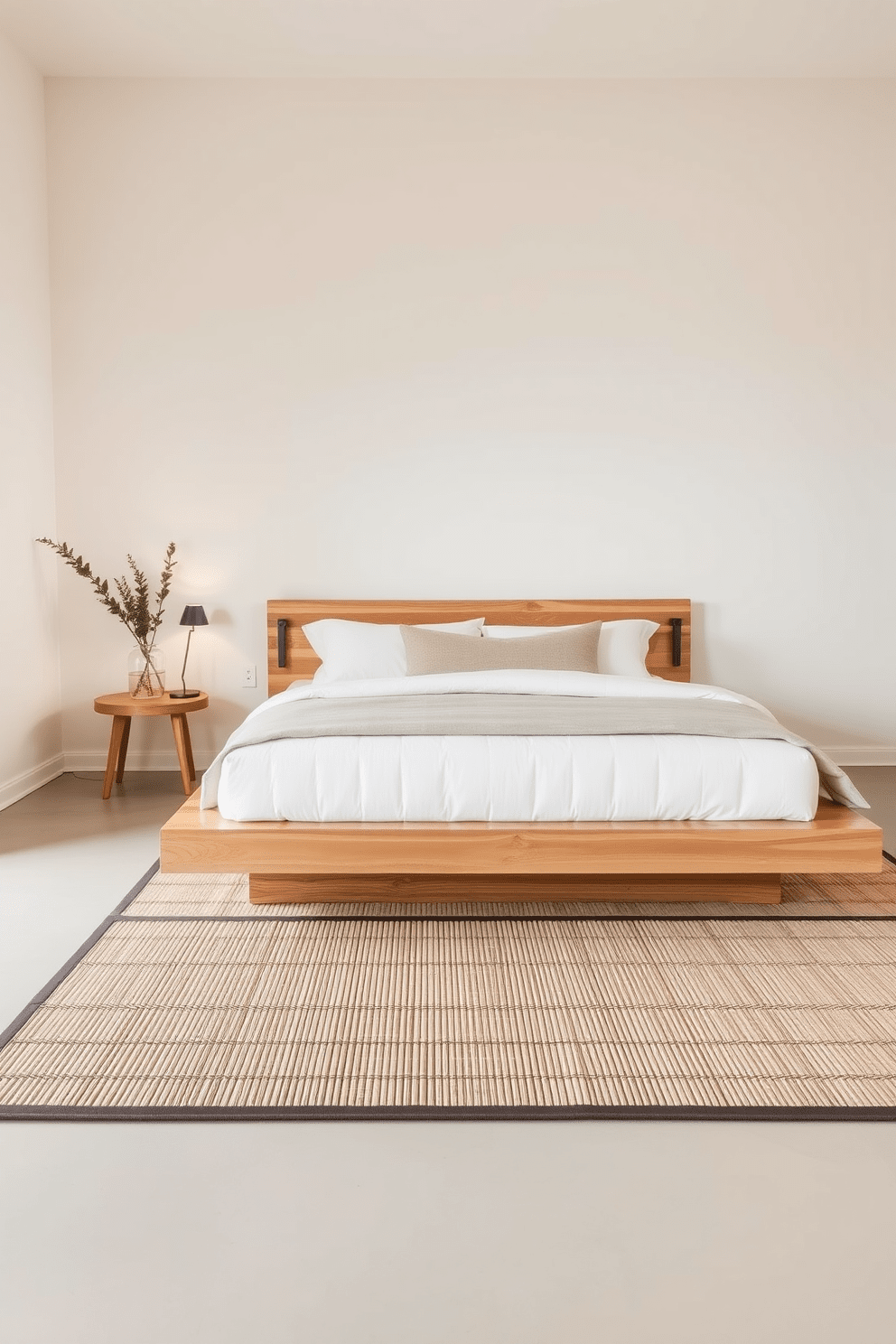 A serene Zen bedroom featuring a platform bed with a minimalist design and natural wood finish. Soft neutral tones adorn the walls, complemented by organic textures in the bedding and a few carefully placed decorative pillows. The floor is covered with a light bamboo mat, adding warmth and comfort to the space. A small bedside table holds a simple lamp and a potted plant, enhancing the tranquil atmosphere.