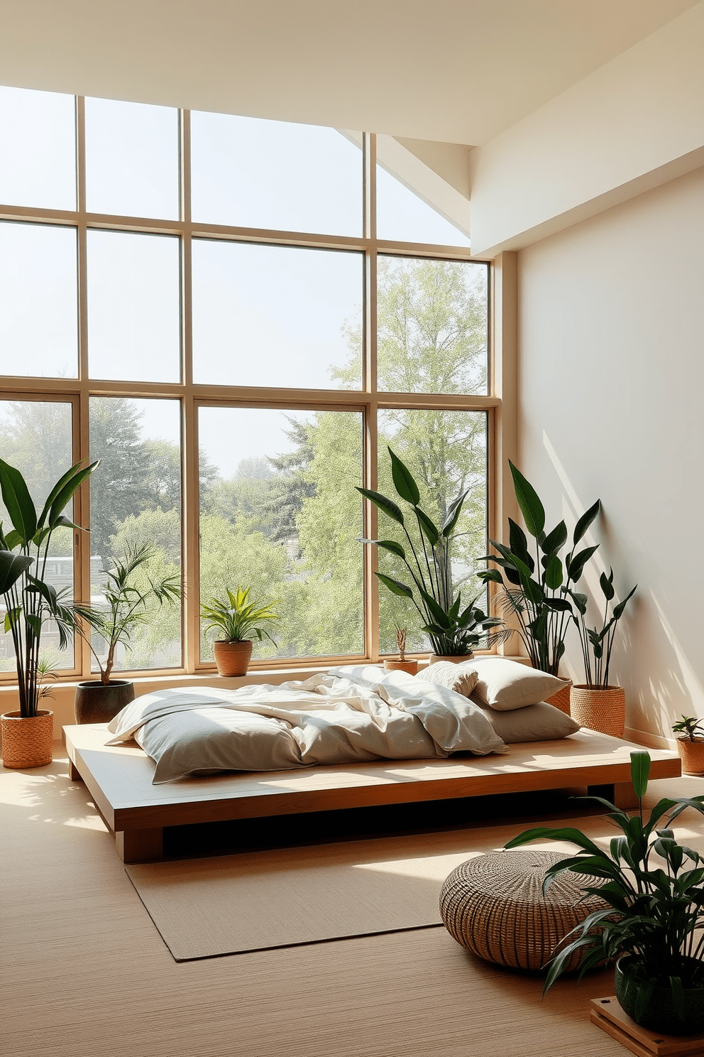 A serene zen bedroom featuring large windows that allow abundant natural light to flood the space. The room is adorned with a low platform bed dressed in soft, neutral linens and surrounded by potted plants that enhance the tranquil atmosphere. The walls are painted in a calming light beige, complemented by bamboo accents throughout the room. A cozy seating area with a minimalist design sits near the windows, inviting relaxation and contemplation.