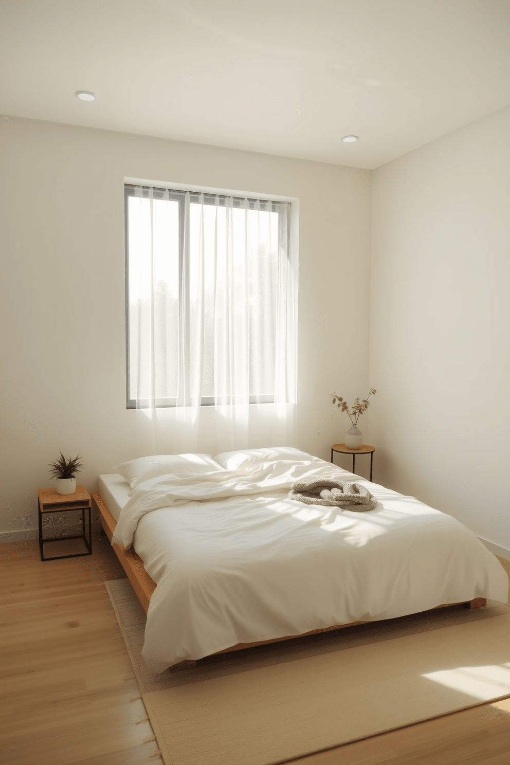 A serene bedroom setting designed for tranquility. The space features a low platform bed with crisp white linens and natural wood accents, complemented by soft ambient lighting. The walls are painted in a calming neutral tone, enhancing the peaceful atmosphere. A single large window allows natural light to flood the room, framed by sheer curtains that gently sway with the breeze. A small indoor plant sits on a minimalist nightstand, adding a touch of greenery without cluttering the space. The floor is adorned with a simple area rug that provides warmth and texture underfoot.