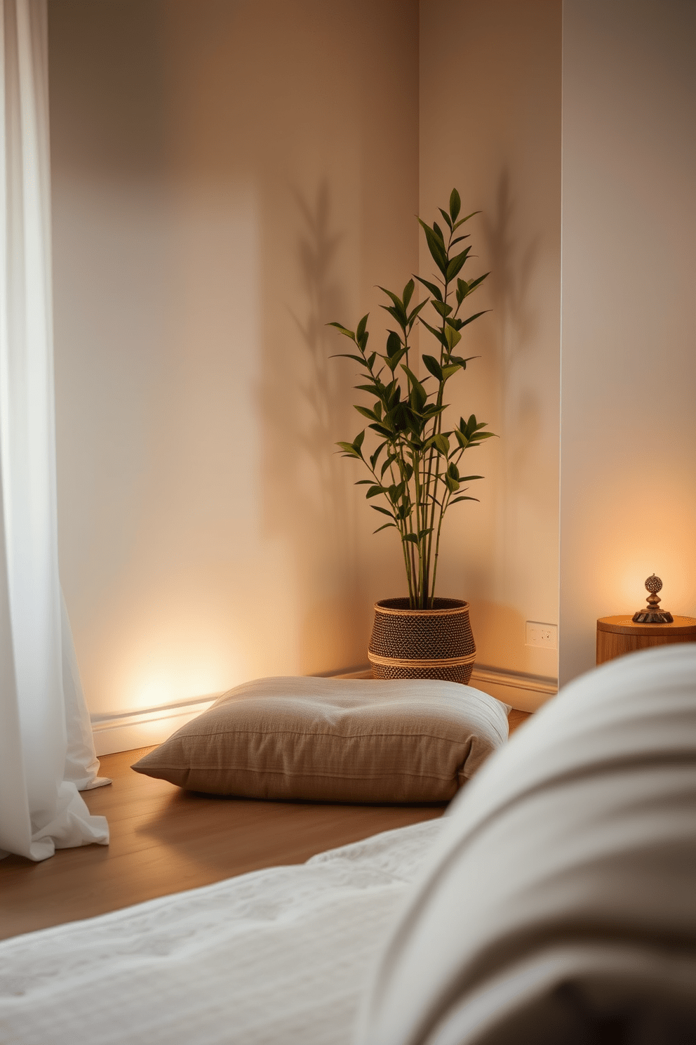 A serene meditation corner is nestled in a tranquil Zen bedroom. The space features a plush floor cushion surrounded by soft, ambient lighting and natural elements. A tall indoor plant stands in one corner, bringing a touch of nature indoors. The walls are painted in calming neutral tones, enhancing the peaceful atmosphere of the room.