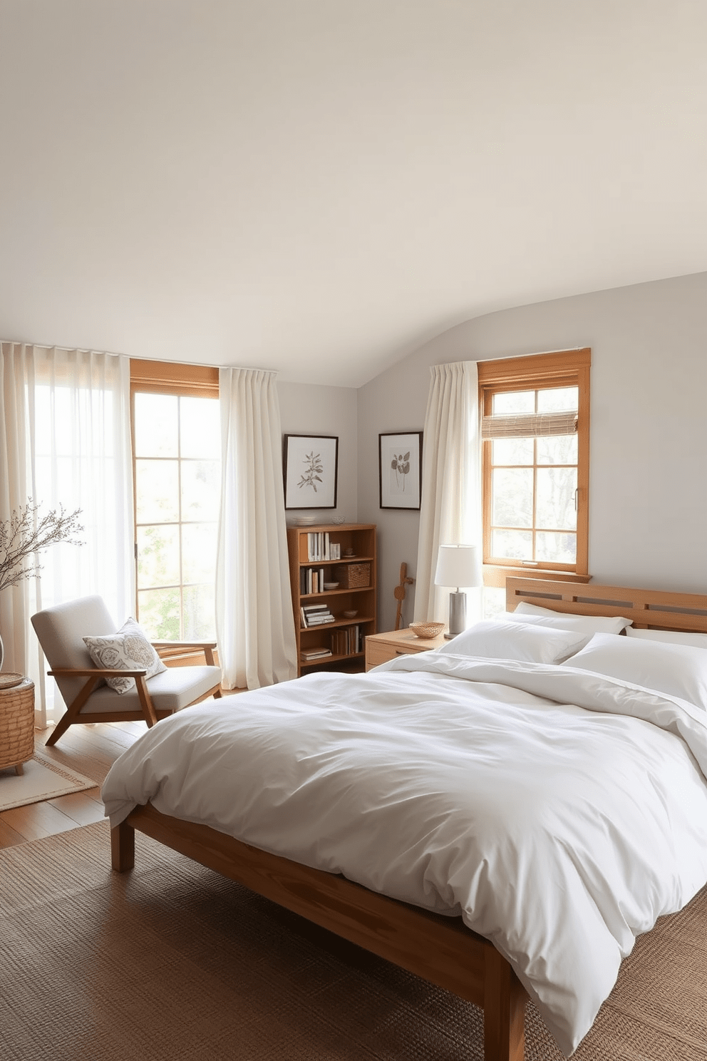 A serene bedroom retreat featuring organic cotton bedding in soft neutral tones. The room is adorned with natural wood furniture, including a low-profile bed and a minimalist nightstand, creating a calming atmosphere. Large windows allow natural light to flood the space, complemented by sheer curtains that gently sway. A cozy reading nook with a plush armchair and a small bookshelf adds to the tranquil vibe of the room.