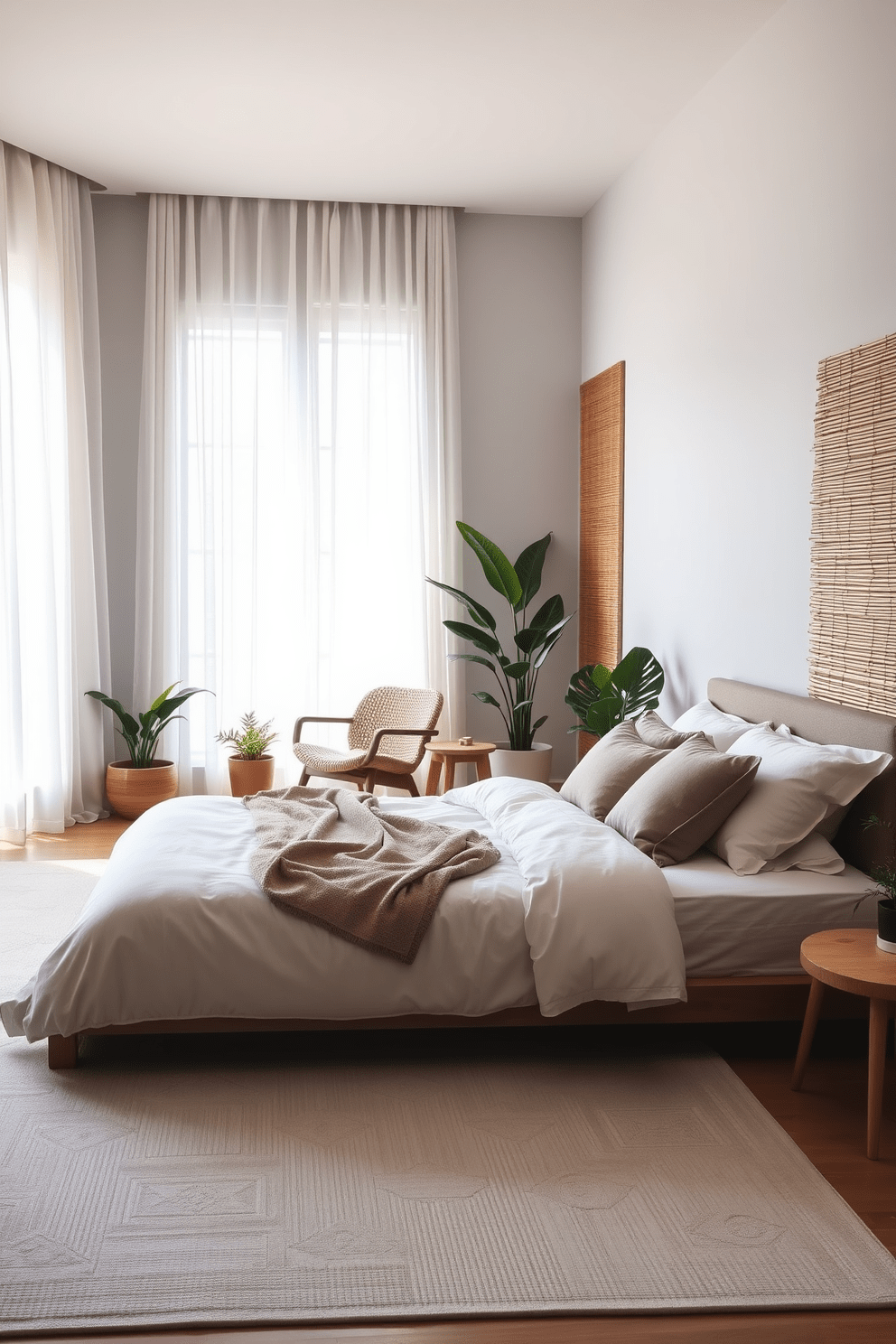 A serene zen bedroom featuring a low platform bed adorned with soft, neutral bedding and plush pillows. Natural light filters through sheer curtains, illuminating a cozy reading nook with a comfortable armchair and a small wooden side table. The walls are painted in a calming light gray, complemented by a bamboo accent wall that adds warmth. A large area rug with a subtle texture anchors the space, while potted plants bring a touch of nature indoors.