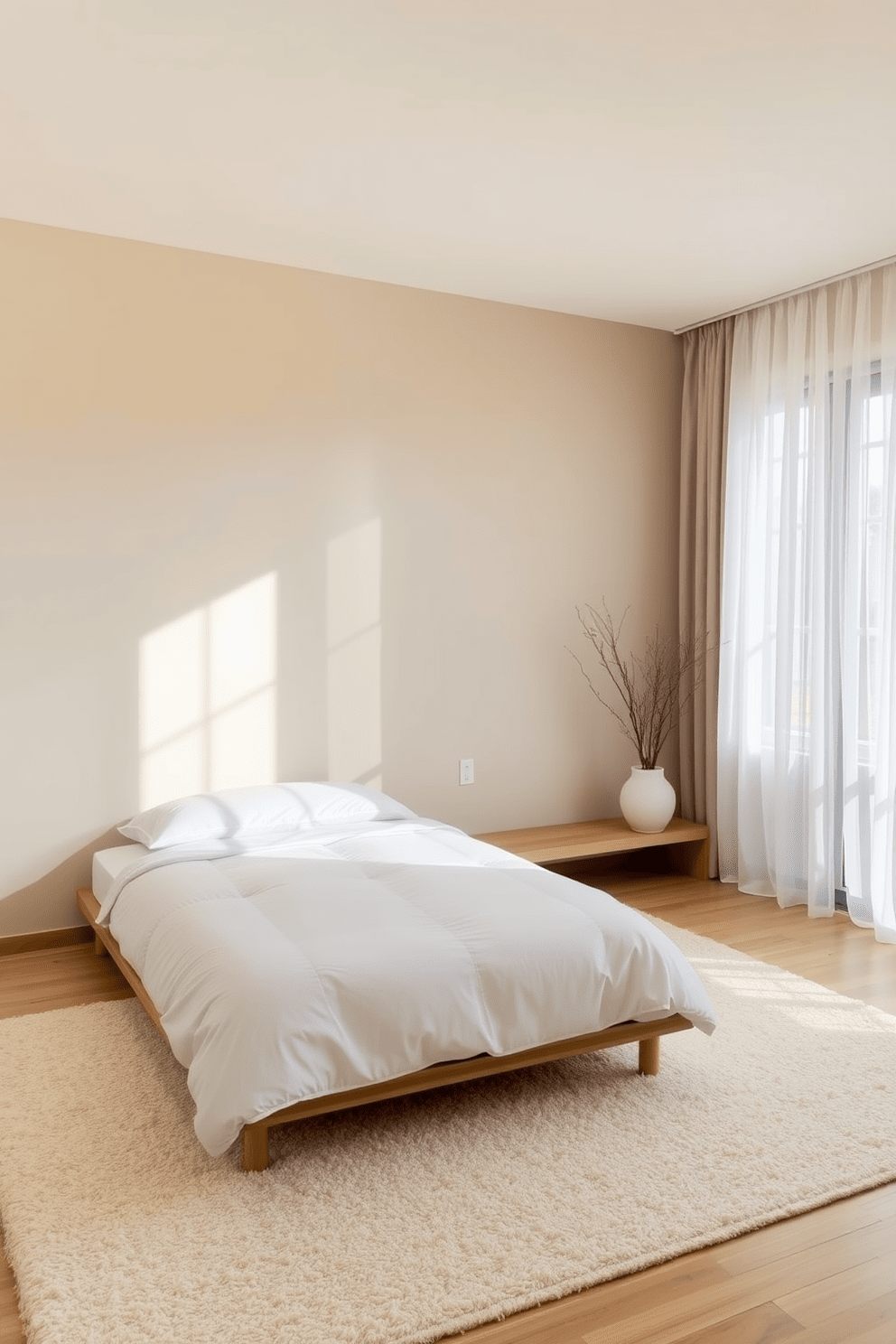 A serene Zen bedroom featuring a soft neutral color palette. The walls are painted in a warm beige, complemented by light wood accents and a plush cream area rug underfoot. A low-profile platform bed with a simple white duvet is positioned against the wall. Natural light filters in through sheer curtains, creating a tranquil and inviting atmosphere.