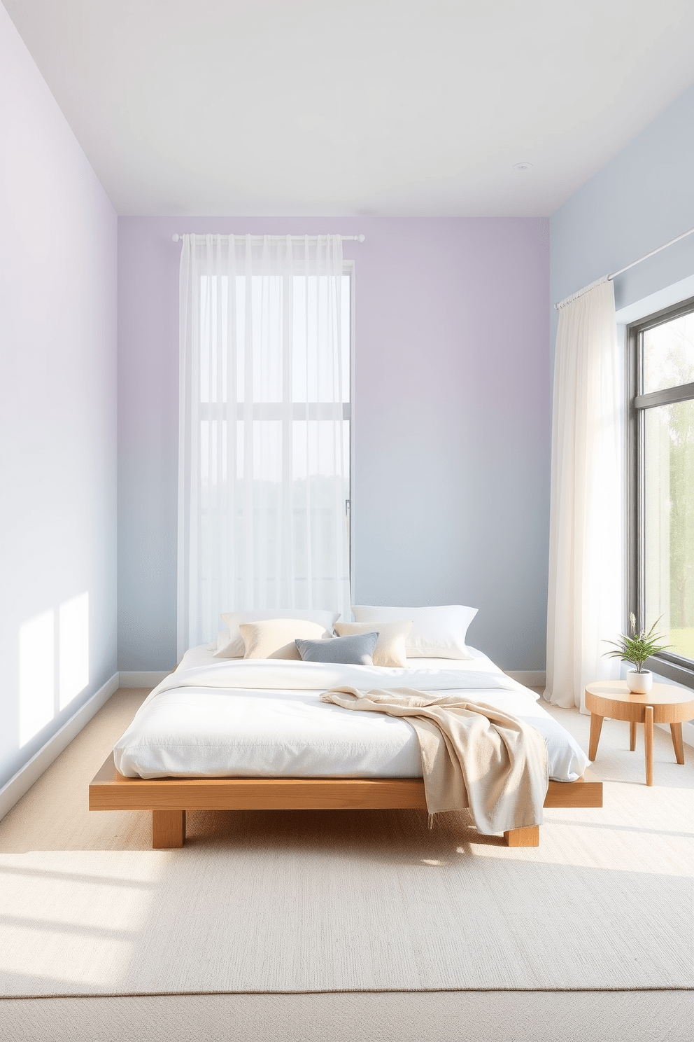 A serene Zen bedroom featuring a soothing color gradient that transitions from soft lavender to gentle sky blue on the walls. The room includes a low-profile platform bed with a natural wood finish and crisp white linens, complemented by plush throw pillows in muted tones. A large window allows natural light to flood the space, adorned with sheer curtains that gently diffuse the sunlight. The floor is covered with a soft, neutral area rug, and a small indoor plant sits on a minimalist nightstand to enhance the tranquil atmosphere.