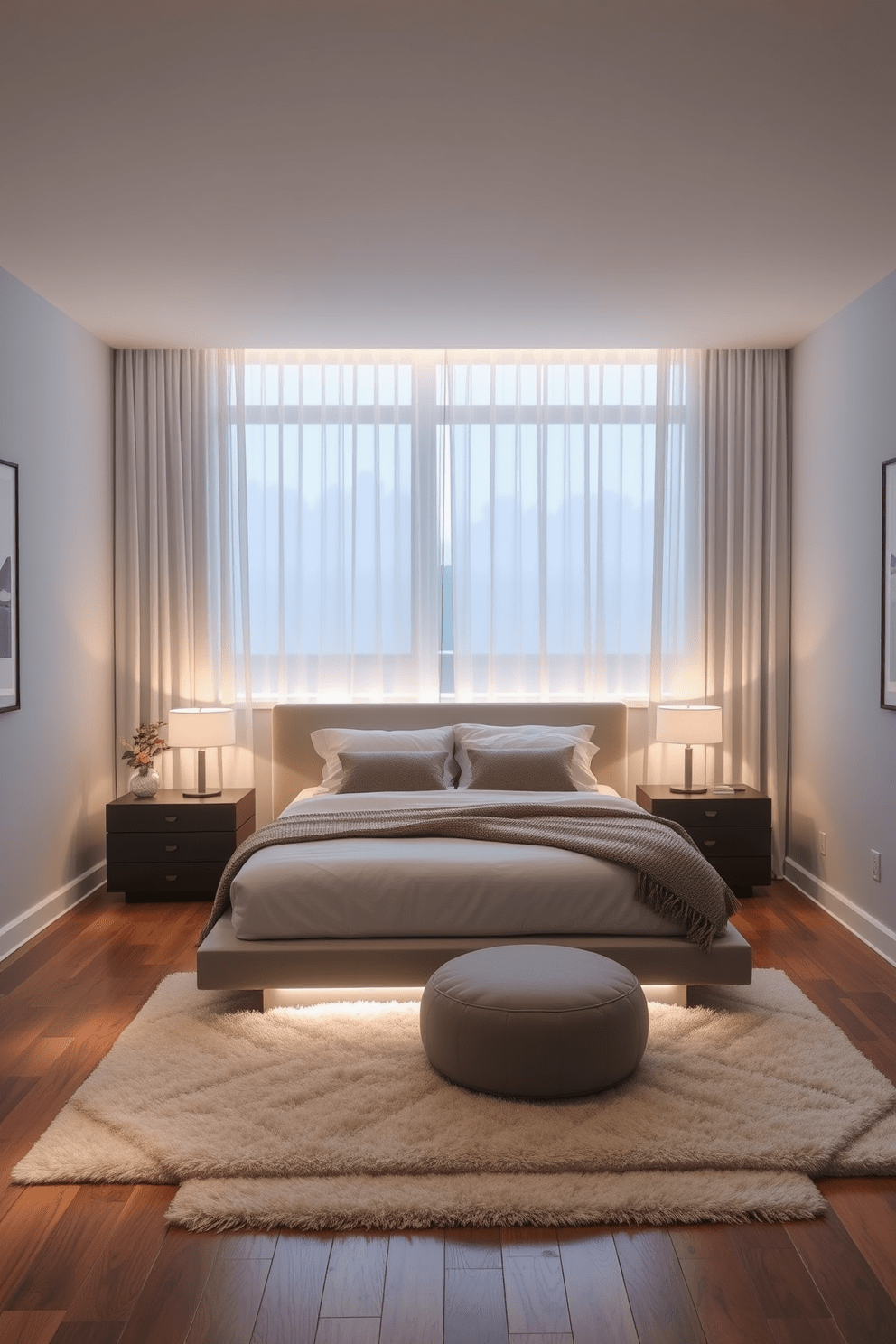 A serene bedroom retreat with layered lighting for ambiance control. The space features a low platform bed adorned with soft, neutral linens and a textured throw blanket. On either side of the bed, elegant bedside tables hold minimalist lamps that emit a warm glow. A large window allows natural light to filter in, complemented by sheer curtains that gently diffuse the sunlight. The walls are painted in calming shades of pale blue, creating a tranquil atmosphere. A plush area rug sits beneath the bed, adding warmth and comfort to the hardwood floor. In one corner, a cozy reading nook is created with a comfortable armchair and a small side table. Soft LED strip lights are integrated into the headboard, providing a soothing nighttime glow.