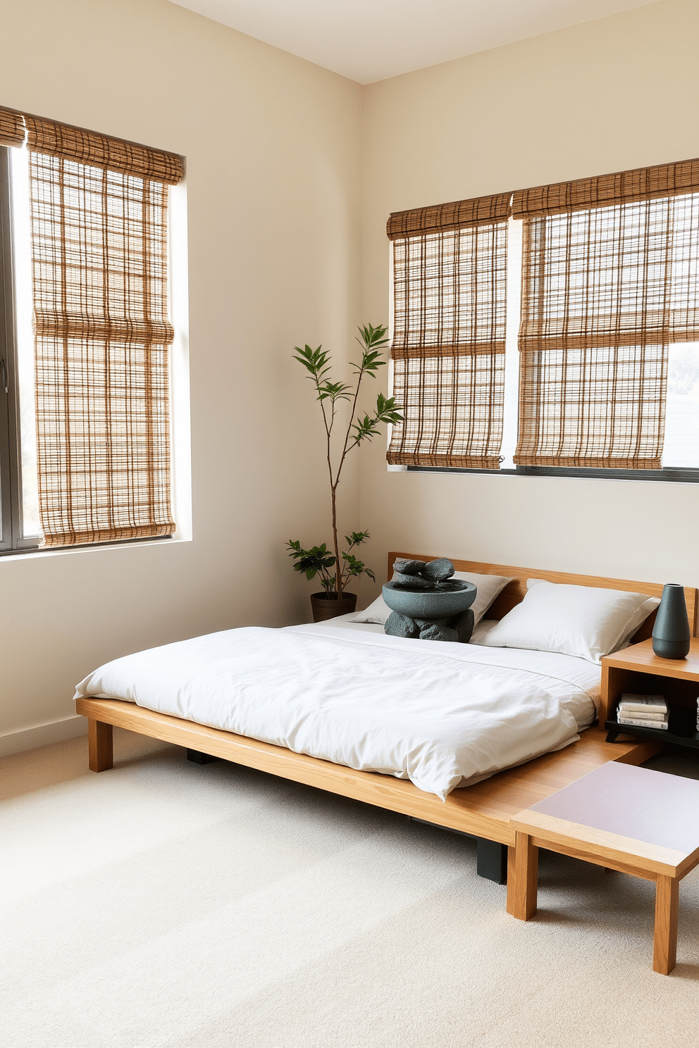 A serene Zen bedroom setting featuring a small indoor fountain that gently trickles water, creating a calming atmosphere. The bed is low to the ground with a natural wood frame, adorned with soft linen bedding in neutral tones. To the side of the bed, a minimalist wooden nightstand holds a small succulent plant and a calming essential oil diffuser. The walls are painted in a soft beige hue, and bamboo shades cover the large windows, allowing natural light to filter in gently.