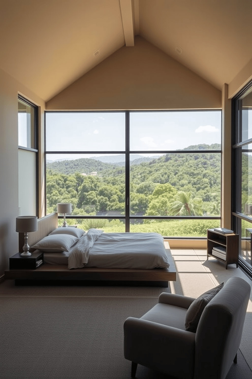 A serene bedroom setting with large windows showcasing a tranquil landscape of lush greenery and gentle hills. The room features a low platform bed with soft, neutral bedding and a pair of elegant bedside tables with minimalist lamps. Natural light floods the space, enhancing the calming atmosphere created by soft earth tones on the walls. A cozy reading nook with a plush armchair and a small bookshelf complements the peaceful vibe of the room.