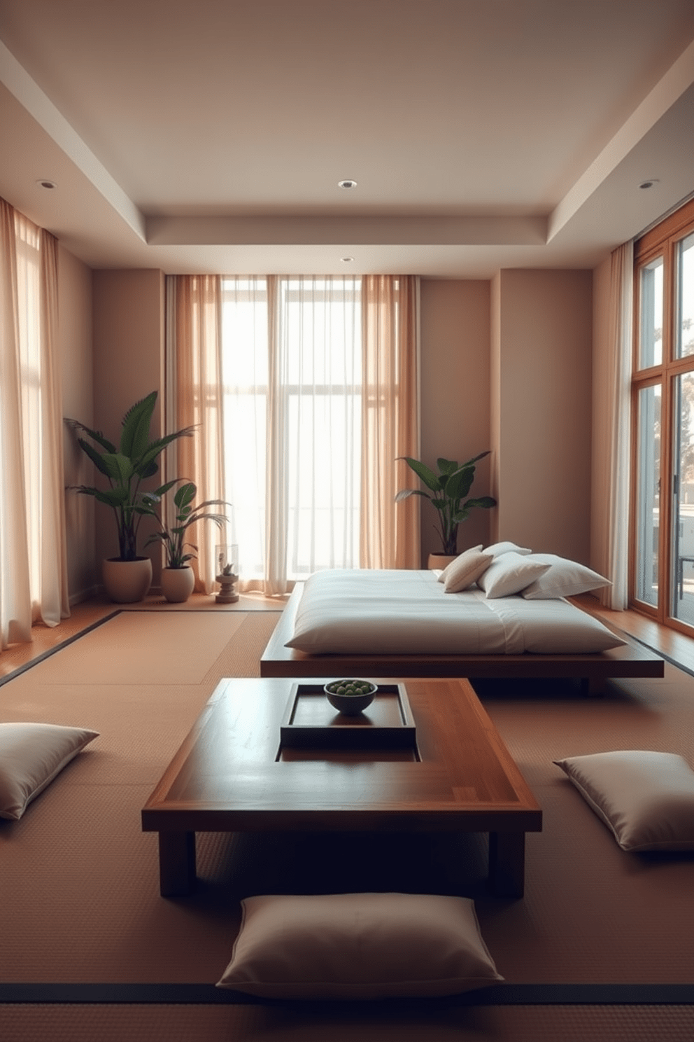 A serene Zen bedroom setting featuring a low wooden table at the center, surrounded by plush floor cushions. The walls are painted in soft beige, and large windows allow natural light to filter through sheer curtains, creating a tranquil atmosphere. A low platform bed with a simple, elegant design is adorned with crisp white linens and a few decorative pillows. Potted plants are placed in the corners, and a small water feature adds a calming sound to the space.