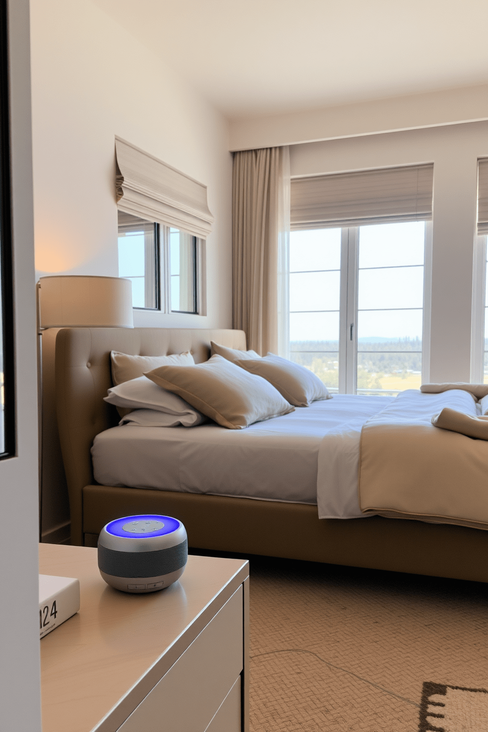 A serene bedroom ambiance featuring a calming sound machine positioned on a bedside table. The room is adorned with soft, neutral tones, a plush king-sized bed with layered bedding, and large windows allowing natural light to filter in.