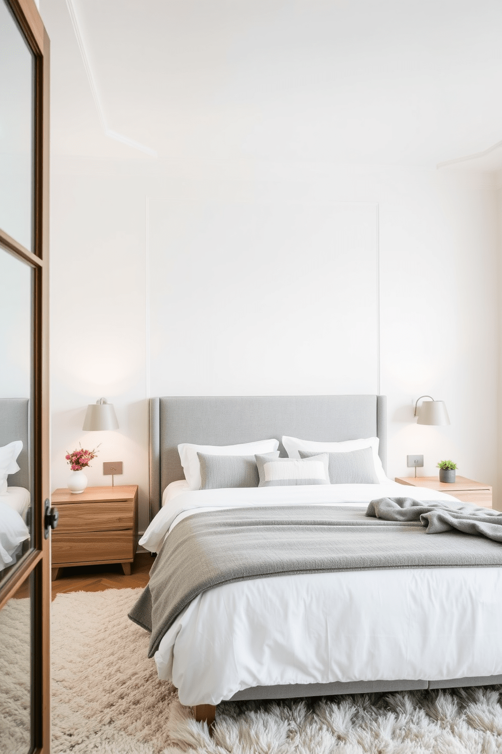 A serene bedroom featuring a simple and elegant upholstered headboard in soft gray fabric. The walls are painted in a calming white hue, complemented by natural wood accents and a plush area rug underfoot.