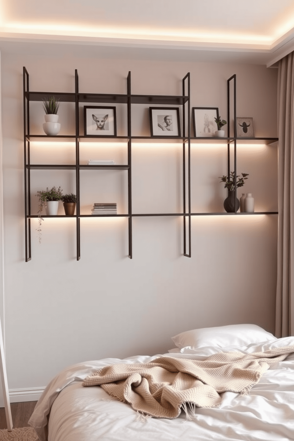 A serene bedroom setting featuring wall-mounted shelves that maximize space while maintaining a minimalist aesthetic. The shelves are adorned with carefully selected decor items, including potted plants and soft lighting, creating a calming atmosphere. The bed is positioned against a neutral-toned wall, complemented by soft bedding and a plush throw. Natural light filters through sheer curtains, enhancing the tranquil vibe of the room.