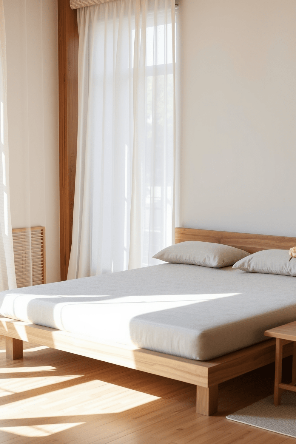 A serene Zen bedroom featuring natural wood elements. The bed has a low wooden frame with a soft, neutral-toned mattress and fluffy pillows. Light filters through sheer curtains, casting soft shadows on the bamboo flooring. A small wooden nightstand holds a simple vase with a single flower, enhancing the tranquil atmosphere.