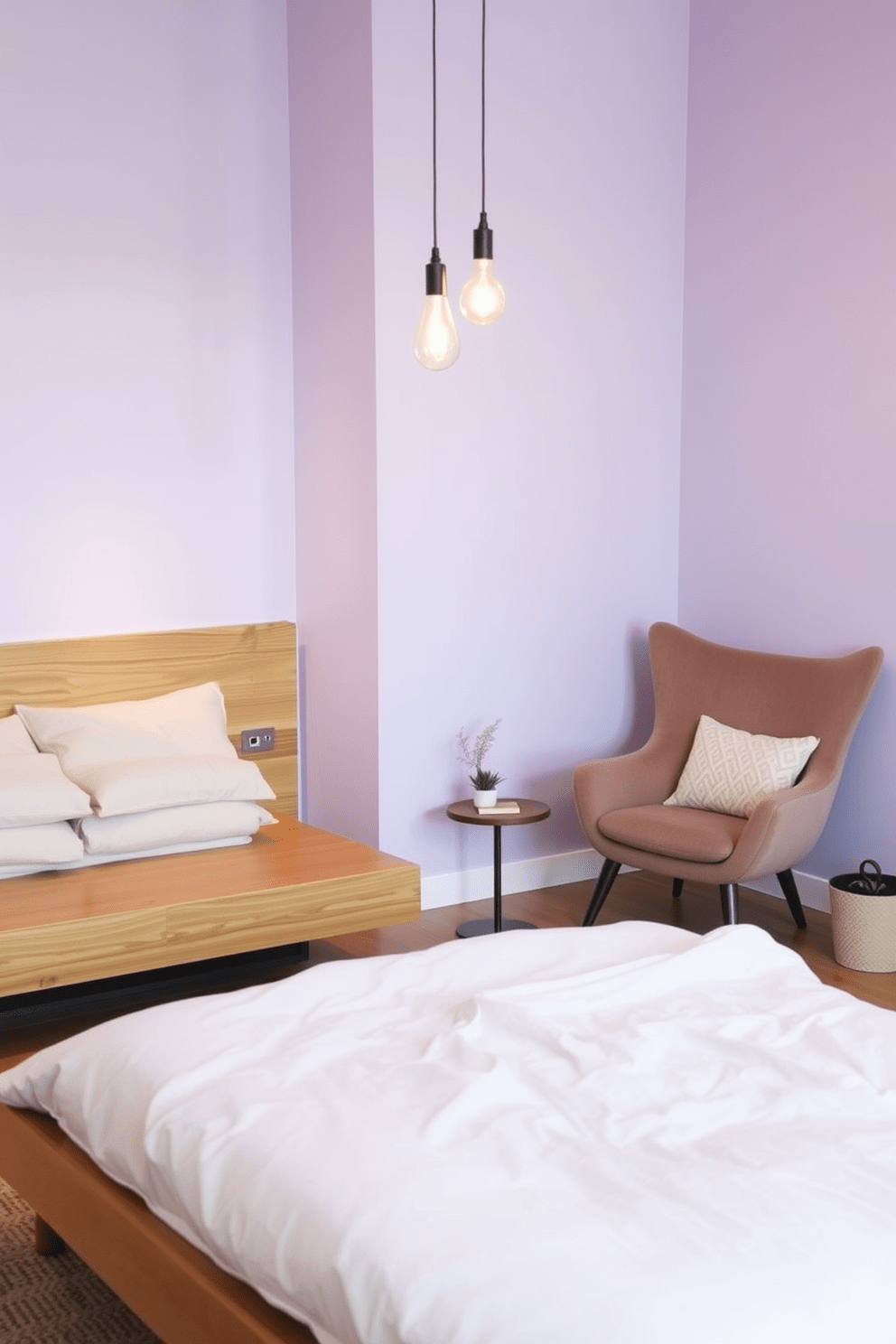 A serene bedroom sanctuary designed for tranquility. The space features a low-profile platform bed adorned with soft, neutral linens, and a natural wood headboard that exudes warmth. To the side, a cozy reading nook is created with a plush armchair and a small side table, perfect for mindfulness moments. Soft ambient lighting is provided by a pair of minimalist pendant lights, casting a gentle glow across the room. Incorporate personal mindfulness items such as a meditation cushion and a small indoor plant to enhance the calming atmosphere. The walls are painted in a soft lavender hue, promoting relaxation and peace.