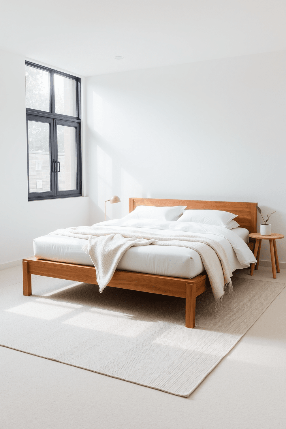 A serene bedroom setting featuring low-profile bedding that emphasizes simplicity and tranquility. The walls are painted in soft neutral tones, and large windows allow natural light to fill the space. A minimalist wooden bed frame supports a plush mattress topped with crisp white linens and a lightweight throw. A small bedside table holds a simple lamp and a potted plant, enhancing the calming atmosphere.