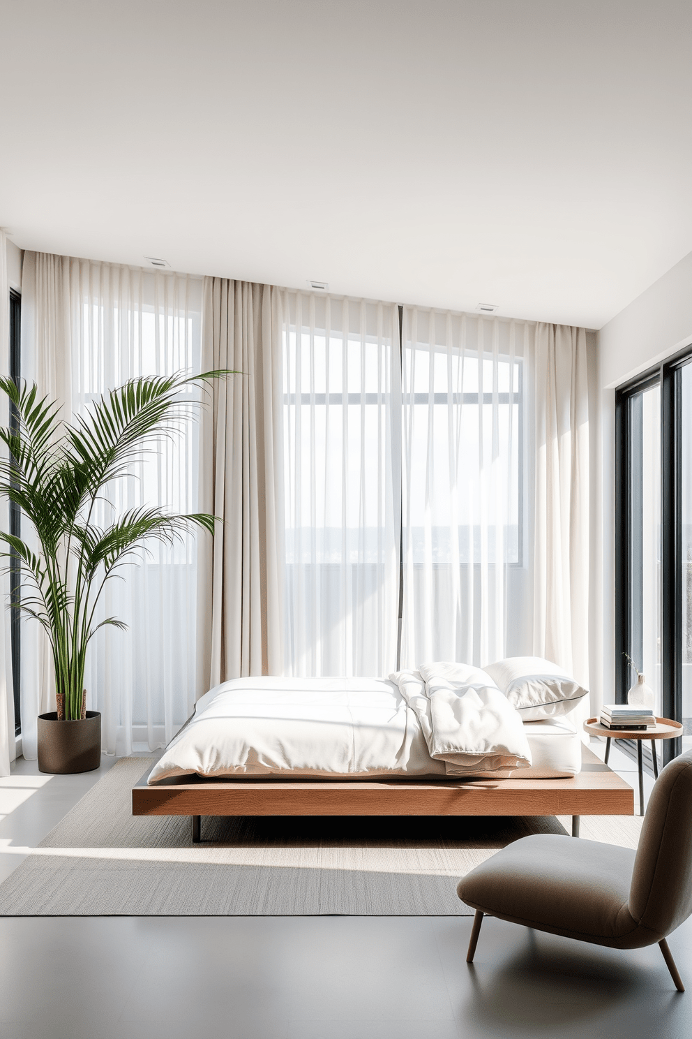 A serene bedroom oasis featuring a minimalist platform bed adorned with soft, neutral bedding. Large windows allow natural light to flood the space, while sheer curtains gently sway in the breeze. In one corner, a tall indoor plant adds a touch of greenery, enhancing the calming atmosphere. A cozy reading nook with a plush chair and a small side table invites relaxation, completing the tranquil design.