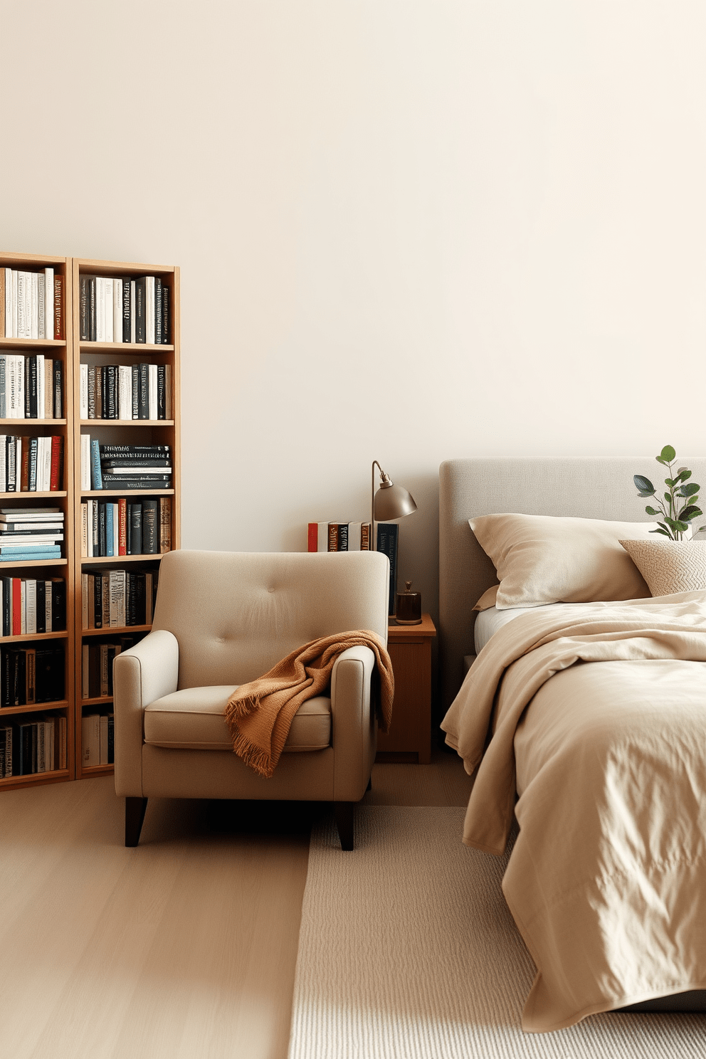 A cozy reading nook area with a plush armchair upholstered in soft fabric positioned next to a tall bookshelf filled with an array of books. A warm throw blanket is draped over the armchair and a small side table holds a steaming cup of tea and a decorative lamp that casts a soft glow. Zen bedroom design featuring a low-profile platform bed adorned with natural linen bedding in neutral tones. The walls are painted a calming light beige, and a small indoor plant sits on a minimalist nightstand, creating a serene atmosphere.